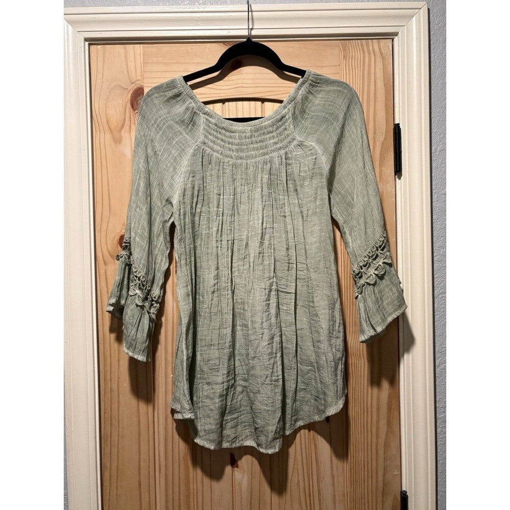 Spense Boho Top Womens Size Medium Green Boho Sleeve Peasant Smocked‎ Top NWOT